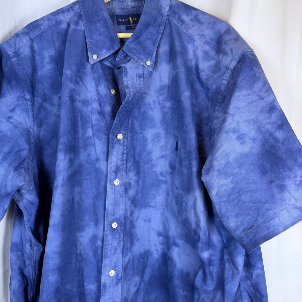 Ralph Lauren Mens 2XB Blue Tie Dye Short Sleeve Button Down Shirt Classic Fit